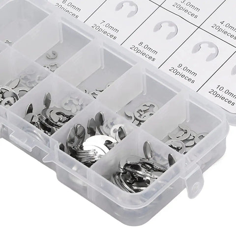 All In One E Clip Assortment Kit With Nine Metric Sizes Stainless Steel External Circlips For Bearings Gears Pulleys And Axles Heavy Duty Retaining Rings Set For Secure Snap Fit in storage box