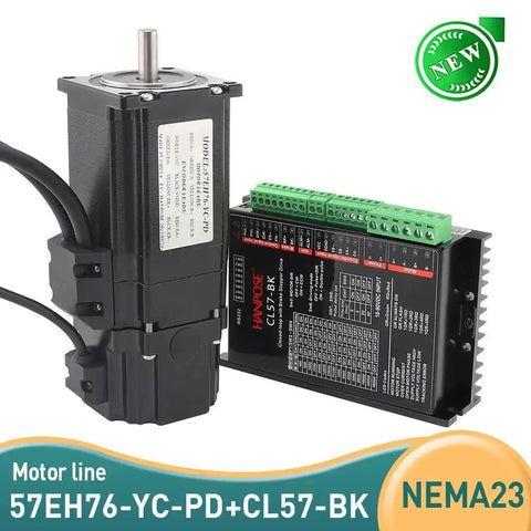 Front view of NEMA23 stepper motor with exposed shaft and CL57-BK closed-loop drive module with green terminal blocks
