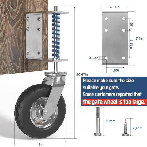 Heavy Duty 8 Inch Gate Wheel For Wooden Or Metal Gates With Pneumatic Tire Spring Loaded 360 Degree Rotation 400 Lb Capacity