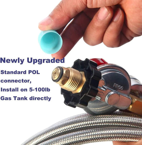 Propane regulator with stainless braided hose and brass POL connector, close-up view of fittings.