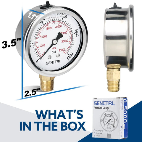 SENCTRL glycerin-filled hydraulic pressure gauge, 2.5-inch dial, 1/4 in NPT lower mount, stainless steel case