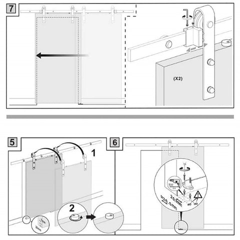 Installation diagram of Bypass Sliding Barn Door Rail Hardware Kit for Double Doors Monorail System Glass Door Compatible Hanging Rail.