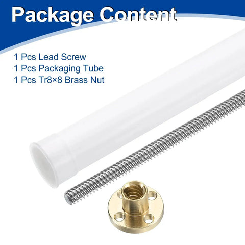1000MM TR8X8 lead screw with brass nut, Acme thread, plastic tube packaging, for 3D printer upgrades, silver screw bar shown
