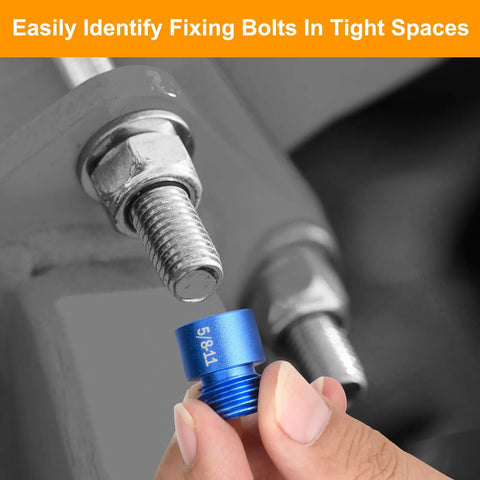 Close-up of All In One Nut And Bolt Thread Checker Kit 50 Pcs SAE And Metric Detachable Size Finder showing a size gauge identifying a bolt.