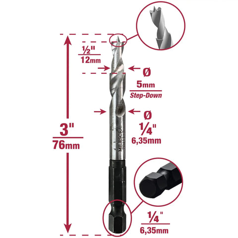 Pro Grade 5mm Shelf Jig Bit for 1343 Shelf Jig, quarter inch quick connect shank, 5mm step down, high-speed steel drill bit with measurements