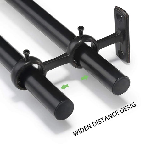 Close-up of Three Piece Adjustable Curtain Rod Brackets Set With Double Wall Mount Holders in black finish, fits 5/8-1 inch rods