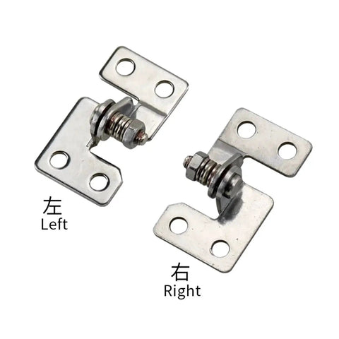 Front view of stainless steel adjustable torque shaft hinges, left and right, with mounting plates and screws.