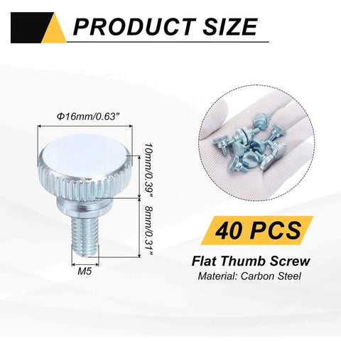 40 Pcs M5x8mm Knurled Thumb Screws, Carbon Steel Zinc Plated, Flat Knurled Head, Fully Threaded Bolts Fasteners, size specifications shown