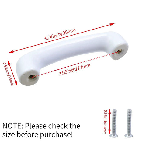 White Glossy Ceramic Cabinet Pulls Arch Shaped 4 Pack Dresser Knobs With 3.03 Inch Hole Centers, size details shown.