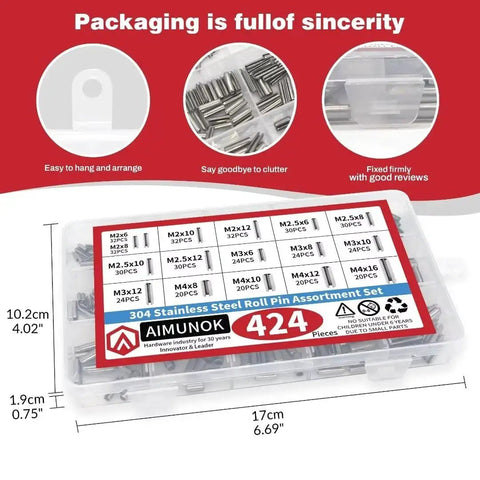 Stainless Steel Roll Pin Kit With 424 Pieces For Machinery, Automotive And DIY Repairs, Includes Spring Dowels, Slotted And Split Pins From M1.5 To M6, 14 Types, Made Of Durable 304 Stainless Steel For Corrosion Resistant Fasteners in labeled storage case.