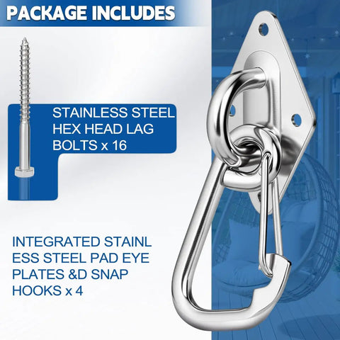 Heavy Duty Hammock Hanging Kit With Stainless Steel Pad Eye Hooks And Mounting Screws, 3600 Lbs Load Capacity