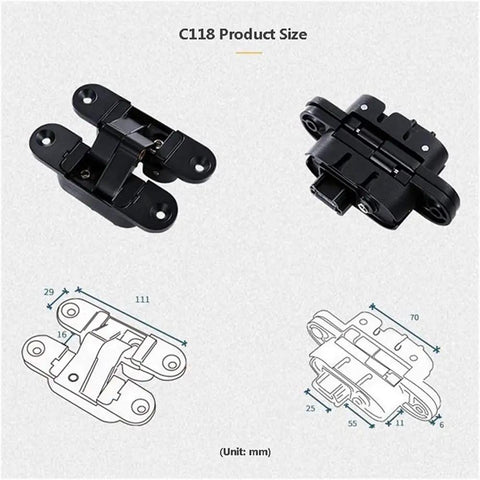 Close-up and diagram of Three Dimensional Concealed Door Hinge With Adjustable Cross Zinc Alloy For A Smooth 180 Degree Opening