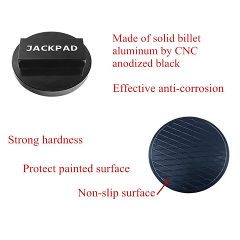 Anodized Black CNC Aluminum Jack Pad Adapter For Safe Vehicle Lifts showing round shape, non-slip and anti-corrosion features.