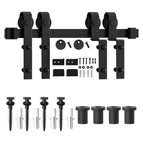 Bypass Barn Door Sliding Track Kit For Double Doors 4 To 16 Feet J Shaped Hanging Rails System Matte Black Steel Hardware