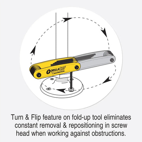 Illustration showing turn and flip feature of Triple Pack Ball End Hex L-Wrench Set with Fold-Up Star Torx for tight spaces