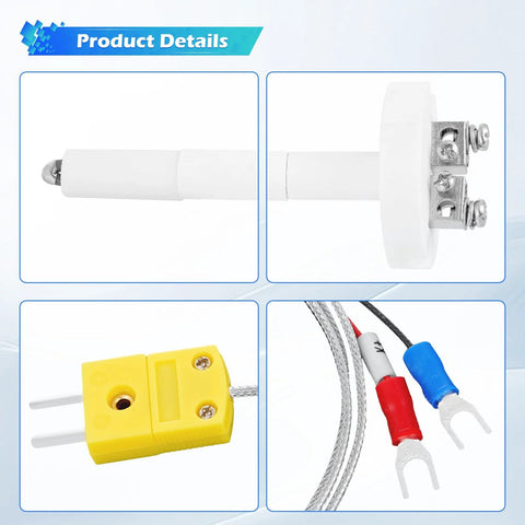 K-Type thermocouple probe with white ceramic insulation, cylindrical body, front view
K-Type thermocouple end with metal terminal and white ceramic insulator, side view
Yellow plastic thermocouple connector block with screw terminals, close-up
Braided stainless steel thermocouple lead with red and blue color-coded fork terminals