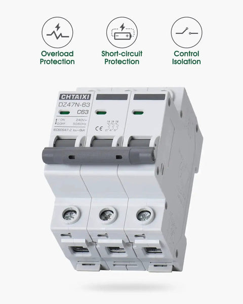 Three Pole DIN Rail Mount Circuit Breaker 20 Amp 480V AC Miniature Breaker With Thermal Magnetic Trip front view