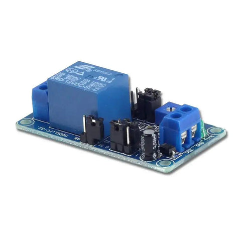 12V Time Delay Relay Module For Smart Home Automation And Arduino Projects, featuring blue housing and adjustable terminals.