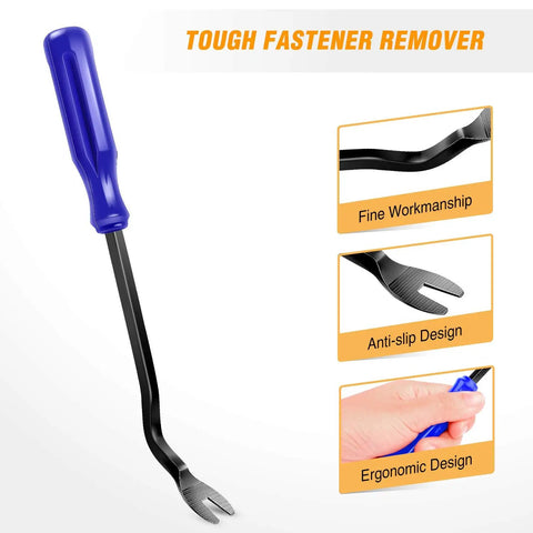 5 Piece Auto Trim Removal Tool Kit for Car Door Panels and Dashboards No Scratch Nylon Pry Tools Includes 4 Door Panel Removers and 1 Fastener Remover by GOOACC side view of tough fastener remover tool with ergonomic handle.