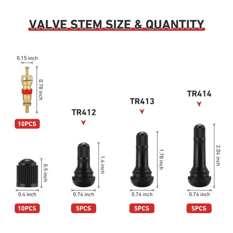 All In One Valve Stem Tool Kit For Tubeless Tires With Puller Core Remover 4 Way Valve Tool TR412 TR413 TR414 Stems Caps And Cores Easy Install And Quick Tire Service showing valve stem sizes and quantities