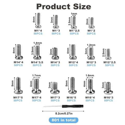 Product size chart for Electronics Micro Screws Kit With 800 Pieces Pro Grade Nickel Plated Carbon Steel Phillips Pan Head Screws