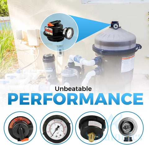 Aquatonics replacement manual air-relief valve with pressure gauge and O-rings; black plastic body, inset close-up beside pool filter unit.