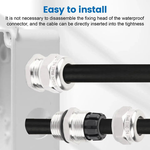 Two Pack 1/2 Inch NPT Stainless Steel Waterproof Cable Gland With Adjustable Glands IP68 Rated shown in use with black cables