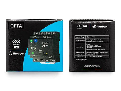 Front and back view of Industrial-Grade IoT Controller with RS485 Communication, digital IO, and analog inputs, packaged box