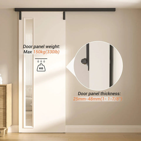 Front view of a 60 Inch Box Rail Sliding Barn Door Hardware Kit With Ceiling Mount Heavy Duty Aluminum Track In Black Powder Coat Outdoor Ready And Anti Corrosion Fits Doors Up To 26 Inch Opening Up To 30 Inch Panel Width 1 Inch Door Thickness installed on a white door.