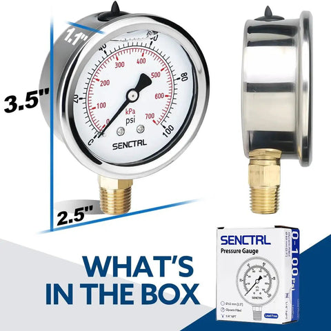 Lead-Free 100 Psi Glycerin-Filled Low-Pressure Gauge With 2.5 Inch Dial Stainless Steel Case 1/4 NPT Lower Mount