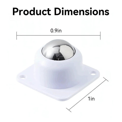 Close-up of 16 Pack White Self Adhesive 1 Inch Swivel Caster Ball with product dimensions marked