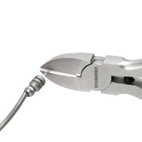 Close-up of wire cutter from 7 Piece Jewelry Pliers Set For Beading And Wire Wrapping Includes Needle Nose Pliers Round Nose Pliers Bent Nose Pliers And Wire Cutter Pro Grade Tool Kit Great For Beginners And Pros For Jewelry Making Beads And DIY Craft With Carrying Pouch cutting a metal wire.