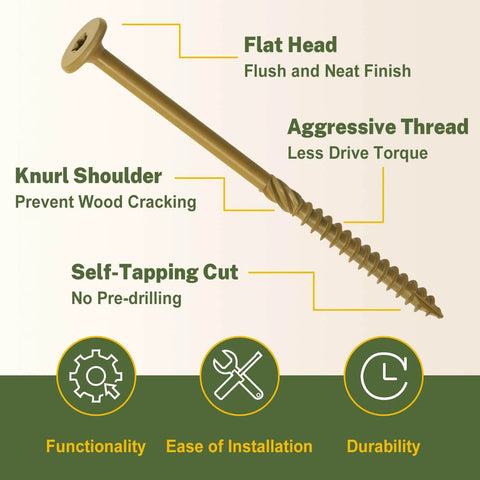 Illustration of a bronze-coated lag screw with flat head, self-tapping cut, and knurl shoulder for heavy-duty use in timber and decks.
