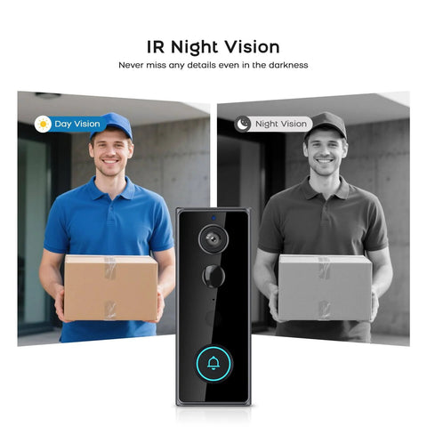 2K Wireless Video Doorbell Camera With Live View Color Night Vision Smart Human Detection shown with day and night vision