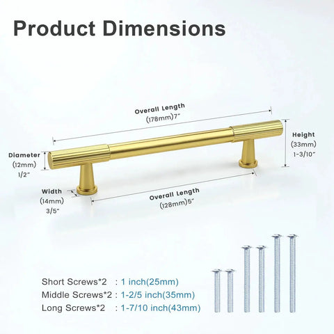 Diagram showing dimensions of 12 Pack 5 Inch Gold Cabinet Pulls Solid Aluminum Construction Fade Resistant Finish Durable Drawer Handles with screws