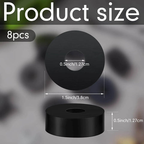 Eight piece set of thick rubber vibration isolation pads with 1.5 in outer diameter, 0.5 in inner diameter, 0.5 in thick