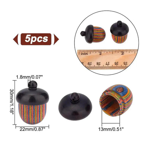 Five Pack Rainbow Wood Acorn Pendant Set With Openable Mini Cremation Urns For Ashes, Wooden Nut Box Charms, 30x22mm size illustration