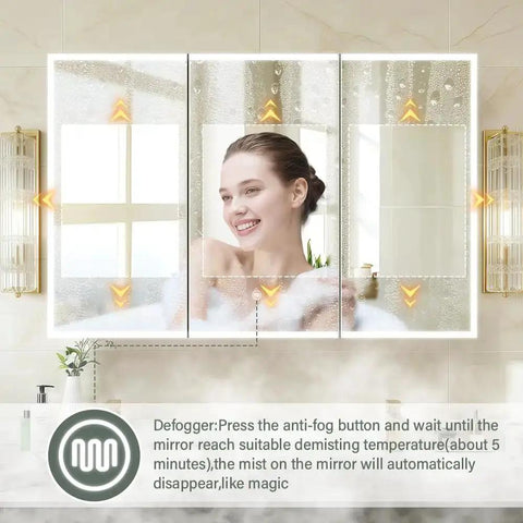 LED Medicine Cabinet 48 By 32 Inch With Demister and Dimmable Interior Lighting, featuring a USB Shaver Socket and Internal Shelves