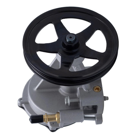 Front view of TUCAREST brake vacuum pump with black pulley and gray housing