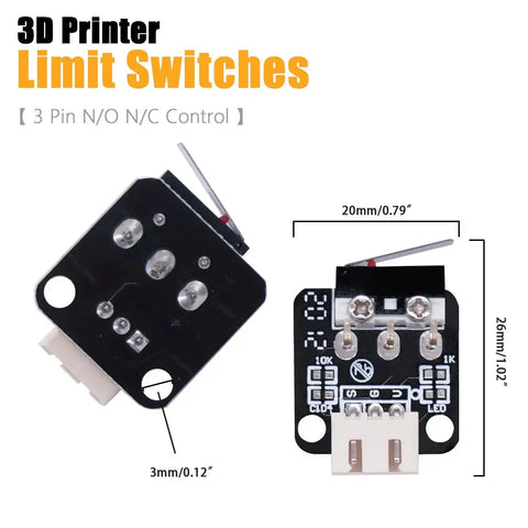 Endstop Limit Switch Accessory Kit For 3D Printers With X Y Z Axis Cables, featuring two black 3-pin limit switches with measurements.