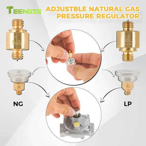 1/2 Inch Natural Gas Pressure Regulator With Interchange Pressure Regulator Design For NG And LPG Applications, Includes Brass 1/2 Inch NPT Conversion Adapter And 1/2 Inch FPT Inlet And Outlet, Durable Regulator For Home Grill, Furnace, And Appliance Use.
