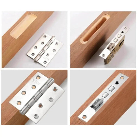 DIY Ready Door Hinge Jig For Woodworking With Aluminum Slotting Locator And Hole Locator shown in use on a wooden door