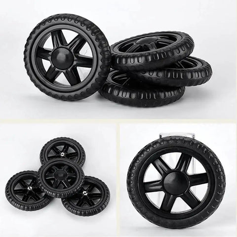 Two Pack 5 Inch Diameter Rubber Foam Shopping Cart Wheels Replacement for grocery carts and trolleys, black, stack of wheels
