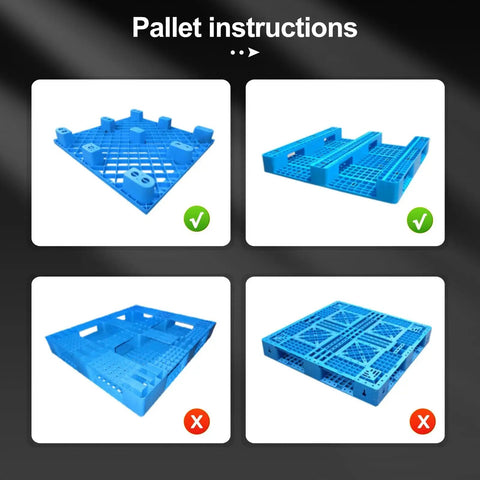 Image showing four blue plastic pallet designs with instructional checkmarks and crosses indicating correct usage.