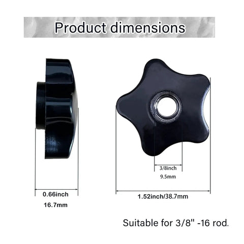 Star Shaped Knobs 3/8-16 Through Hole Hand Tighten Clamping Black Plastic dimensions view