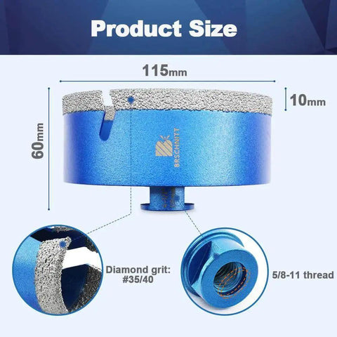 Four And A Half Inch Vacuum Brazed Diamond Core Drill Bit For Porcelain Tile Ceramic Marble Granite Dry Drilling With 5 By 8 By 11 Thread And Hole Saw Pro Grade Heavy Duty Tool By BRSCHNITT, showing dimensions and thread details