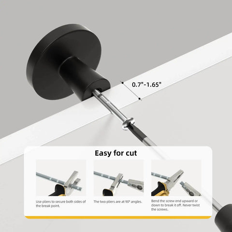 Close-up view of Matte Black Cabinet Knobs Set Of 5 1.27 Inch Round Drawer Pulls installation with size guide and easy cut instructions.