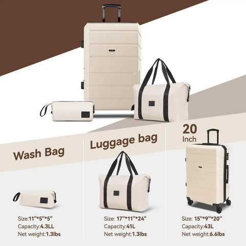Expandable 3 Piece Luggage Set For Travel With Spinner Wheels And TSA Lock, 20 Inch Carry On Hardshell ABS Plus PC, Beige