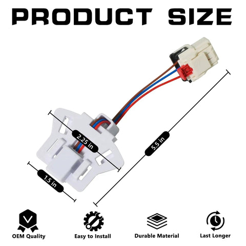 Washer speed sensor wiring harness with white connector and brown, blue, red wires; 5.5 in long (angled side view).