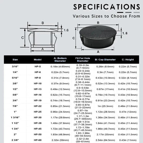 Specifications chart for 13mm black plastic hole plugs, showing sizes and dimensions for the 50 Pack Black Plastic Hole Plugs Half Inch 13 Mm Flush Type Snap In Locking Tube Plugs Knockout Seal End Caps Made Of RoHS Compliant Nylon For Furniture Cabinets Fencing Posts And Pipes